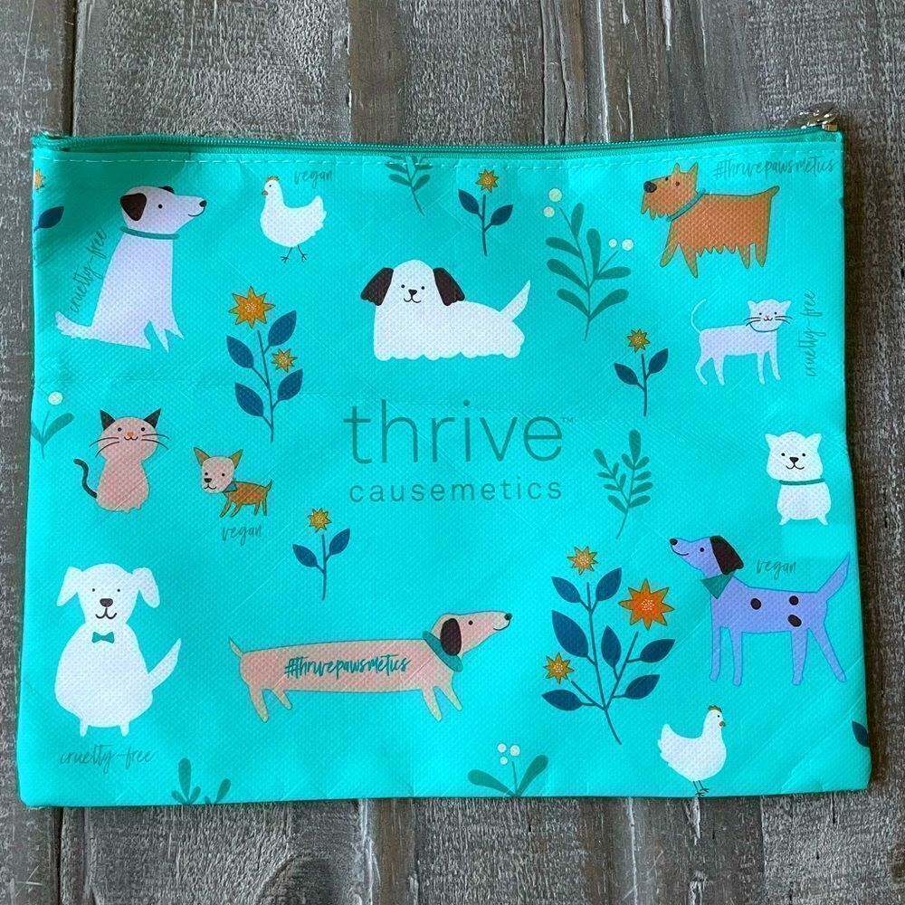 Thrive Causemetics Dog Print Blue Zipper Cosmetic Travel Bag